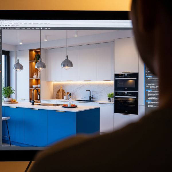A computer screen showing a detailed 3D rendering of a future custom kitchen project. What Is the Process for Ordering Custom Cabinets2.jpg
