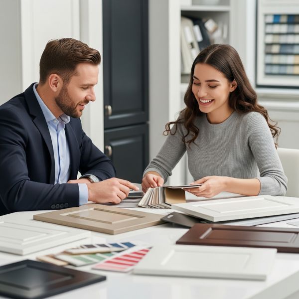 An interior designer and a client discussing custom cabinet material samples during a design consultation. What Is the Process for Ordering Custom Cabinets1.jpg