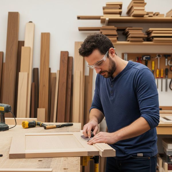 A local cabinet maker from a Myrtle Beach workshop crafting a custom cabinet door with precision. What Is the Process for Ordering Custom Cabinets3.jpg