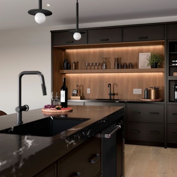 A modern kitchen with black custom cabinets, a black marble island, and open wood shelving with accent lighting. A modern kitchen with black custom cabinets, a black marble island, and open wood shelving with accent lighting.