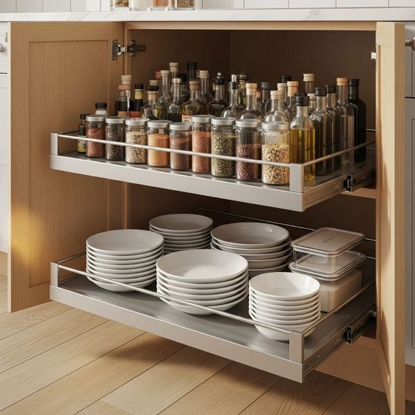 cabinet with rollout trays featuring spice rack and dishes