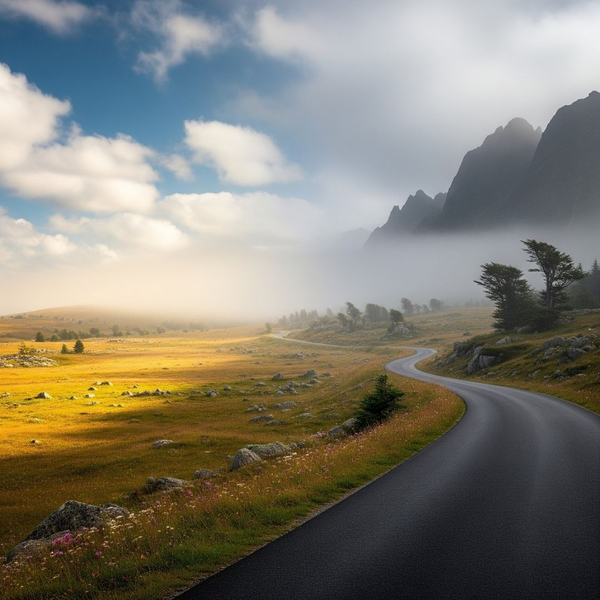 A winding road leading through a diverse and changing landscape