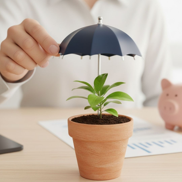 A hand holding an umbrella over a small plant, symbolizing financial and insurance protection. OctBlitz2.jpg