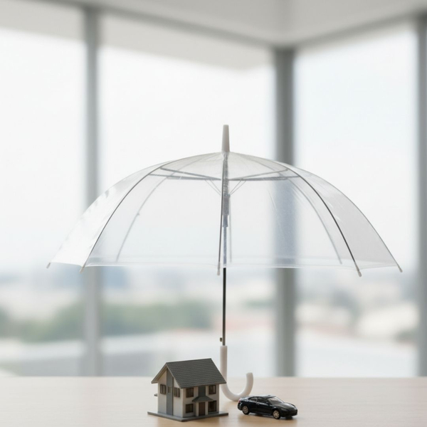 A house and car protected under an umbrella, symbolizing clear insurance coverage.