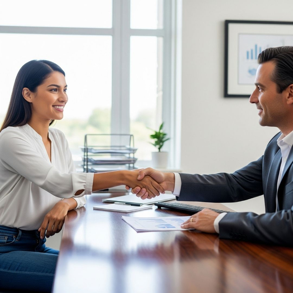 Financial advisor and client shaking hands, symbolizing trust and confidence.