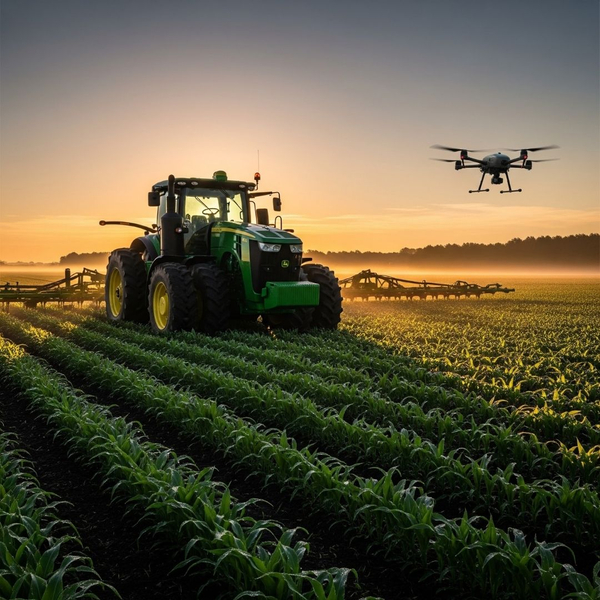 A modern tractor and a drone on a farm, symbolizing agricultural evolution