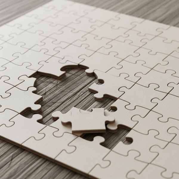 A nearly complete jigsaw puzzle with a single missing piece