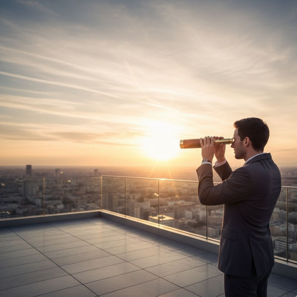 A person looking through a telescope, symbolizing proactive long-term financial planning. OctBlitz3.jpg