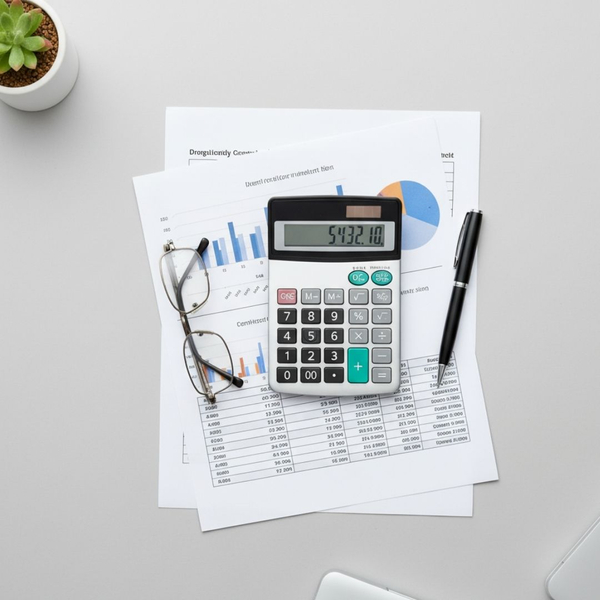 A flat lay of a calculator, pen, and glasses on financial documents, representing tax and accounting services. OctBlitz1.jpg