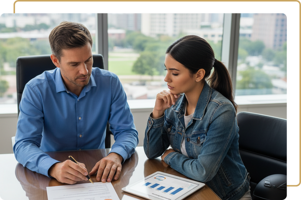 A financial advisor discussing options with a thoughtful female client