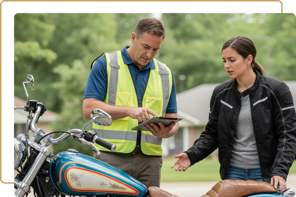 A man in a reflective safety vest uses a tablet to discuss motorcycle damage with a concerned female rider next to her vintage-style motorcycle