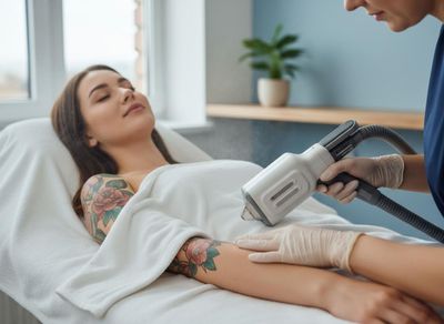 A professional uses a laser device on a woman's tattooed arm, emitting a cooling mist. The woman lies relaxed on a white treatment bed. Woman undergoing laser tattoo removal treatment