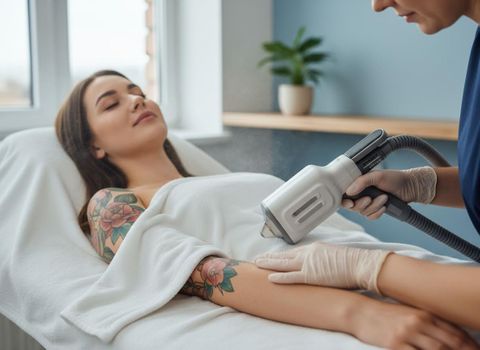 Woman undergoing laser tattoo removal treatment