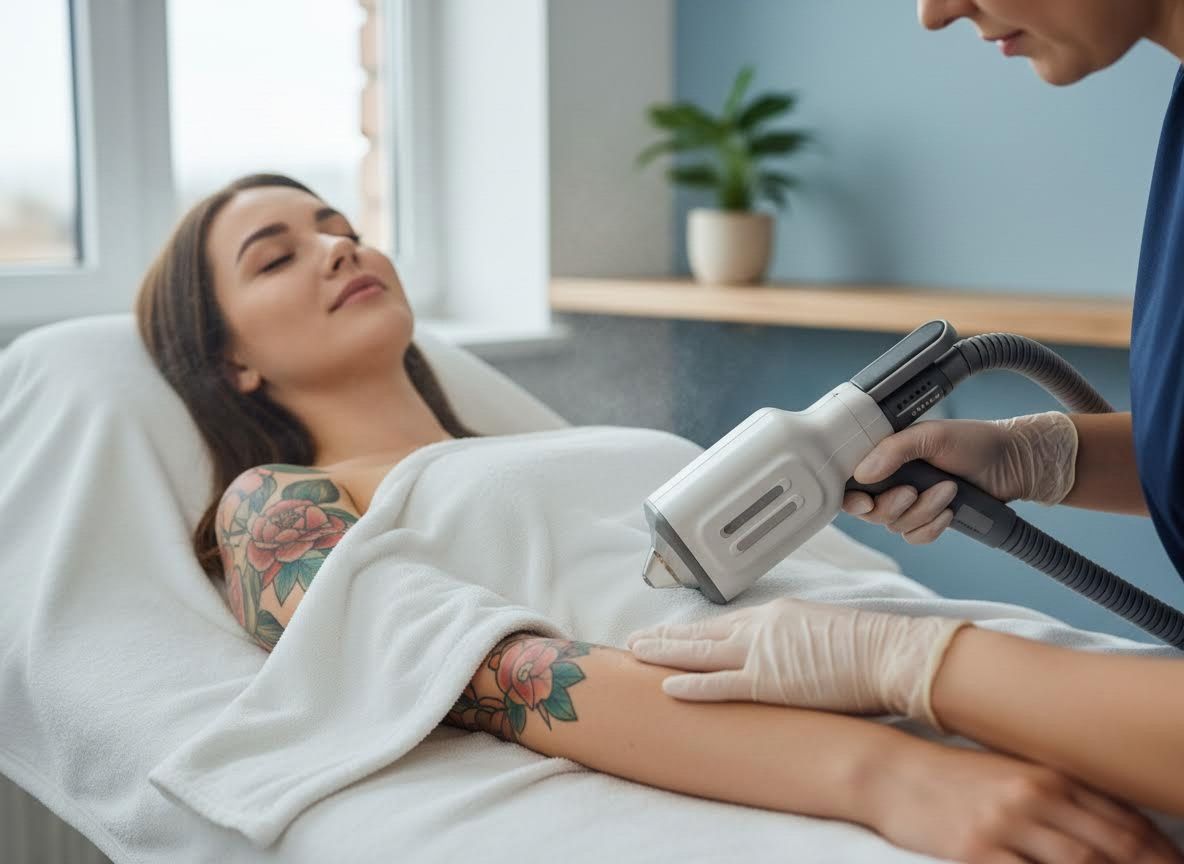 Woman undergoing laser tattoo removal treatment