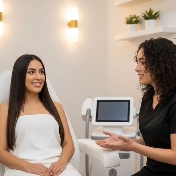 A laser hair removal specialist in black scrubs consulting with a Hispanic woman in a salon chair. A laser hair removal specialist in black scrubs consulting with a Hispanic woman in a salon chair.