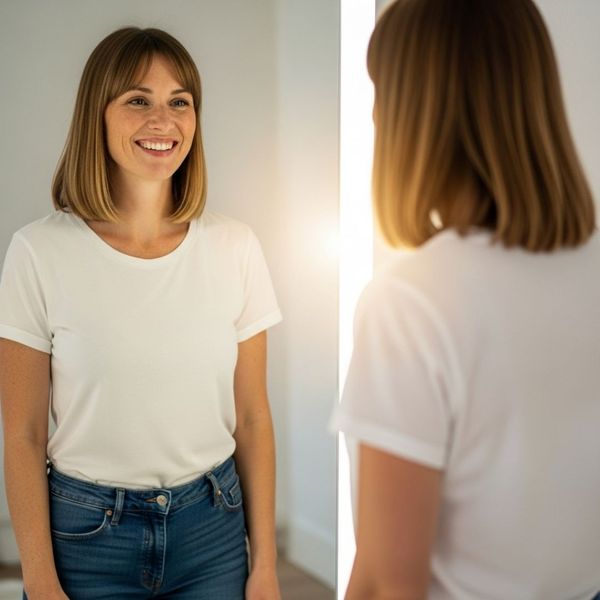 woman looking in mirror happily