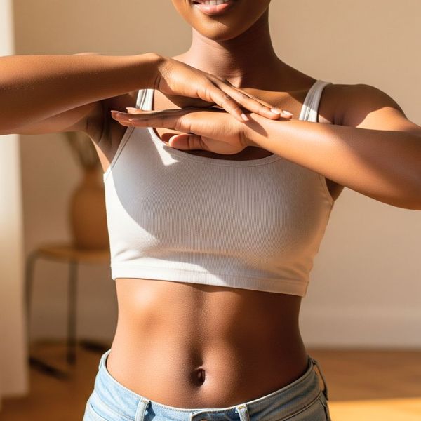 A confident Black woman smiling, showing her smooth and hair-free skin on her arms and stomach. A confident Black woman smiling, showing her smooth and hair-free skin on her arms and stomach.