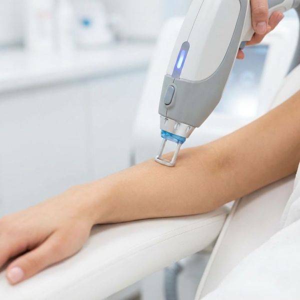 a professional laser hair removal treatment being performed on a person's forearm in a medical spa