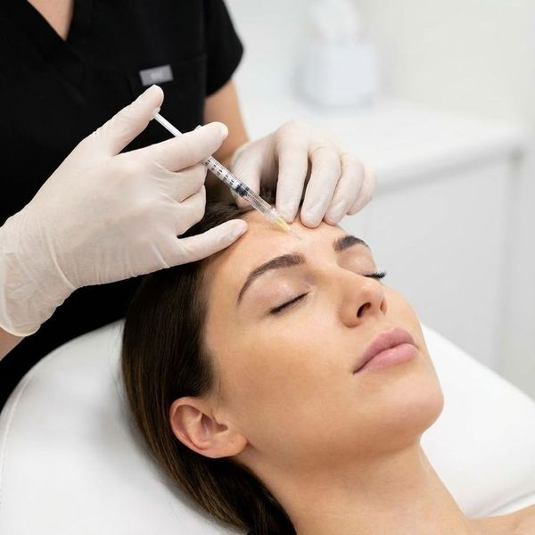 A medical professional administering a cosmetic injection to a client's forehead in a clinic