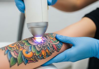 Close-up of a colorful mandala tattoo on a person's arm undergoing laser removal. A technician wearing blue gloves holds a laser device emitting a bright light, targeting the tattoo ink. Tattoo Removal Process