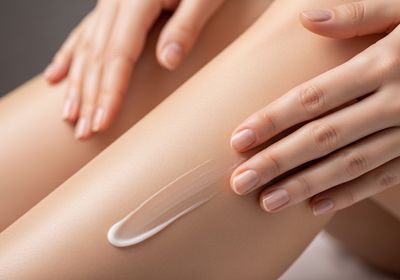 Woman Applying Lotion to Leg
