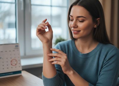 A smiling woman in a blue sweater gently examines her forearm, looking down at her skin, with a calendar in the background. Young woman gently touching her forearm