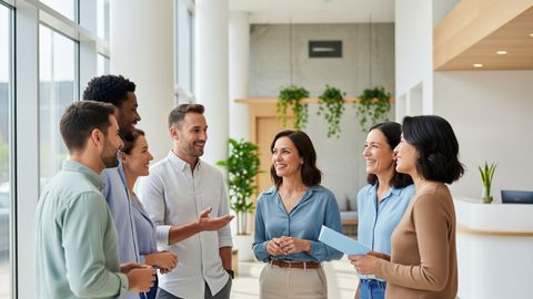 A diverse group of smiling adults standing together in a clean, modern medical spa reception area.