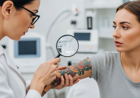 A dermatologist wearing glasses examines a patient's tattooed arm with a magnifying glass in a clinical setting. The patient looks calmly to the side while the doctor focuses on the details of the tattoo. Medical equipment is visible in the background. Dermatologist examining tattooed arm with magnifying glass