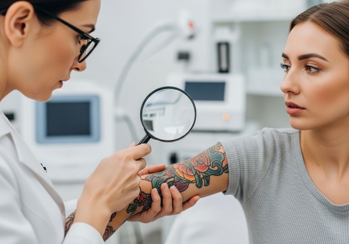 Dermatologist examining tattooed arm with magnifying glass