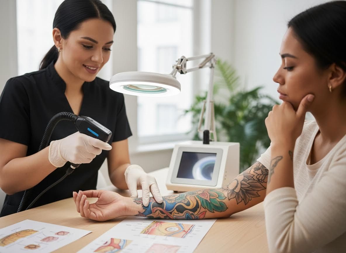 Professional examining a tattooed arm with a specialized device