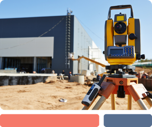 commercial building under construction and a closeup of a site surveyor