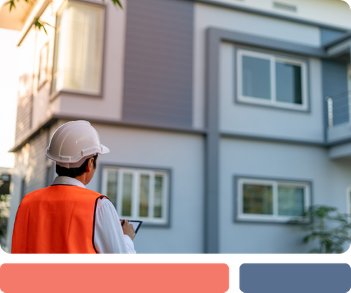 home inspector with a clipboard inspecting a home exterior