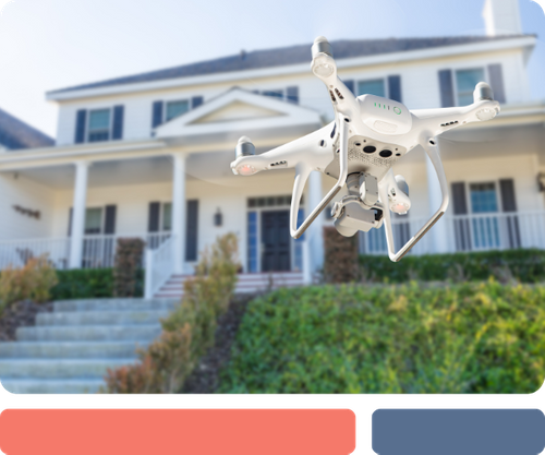 drone taking off in front of a home to be used for exterior inspection