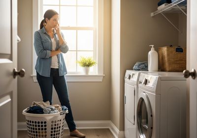 Woman contemplating laundry