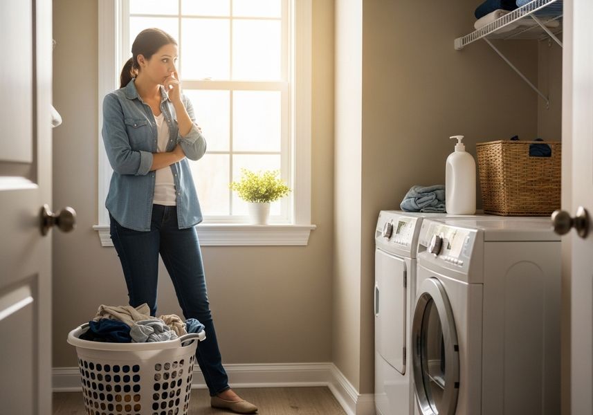 A woman stands in a laundry room with a thoughtful expression, her finger on her chin, next to a full laundry basket. Sunlight streams in from a window behind her, illuminating the space where a washer and dryer are positioned. Woman contemplating laundry