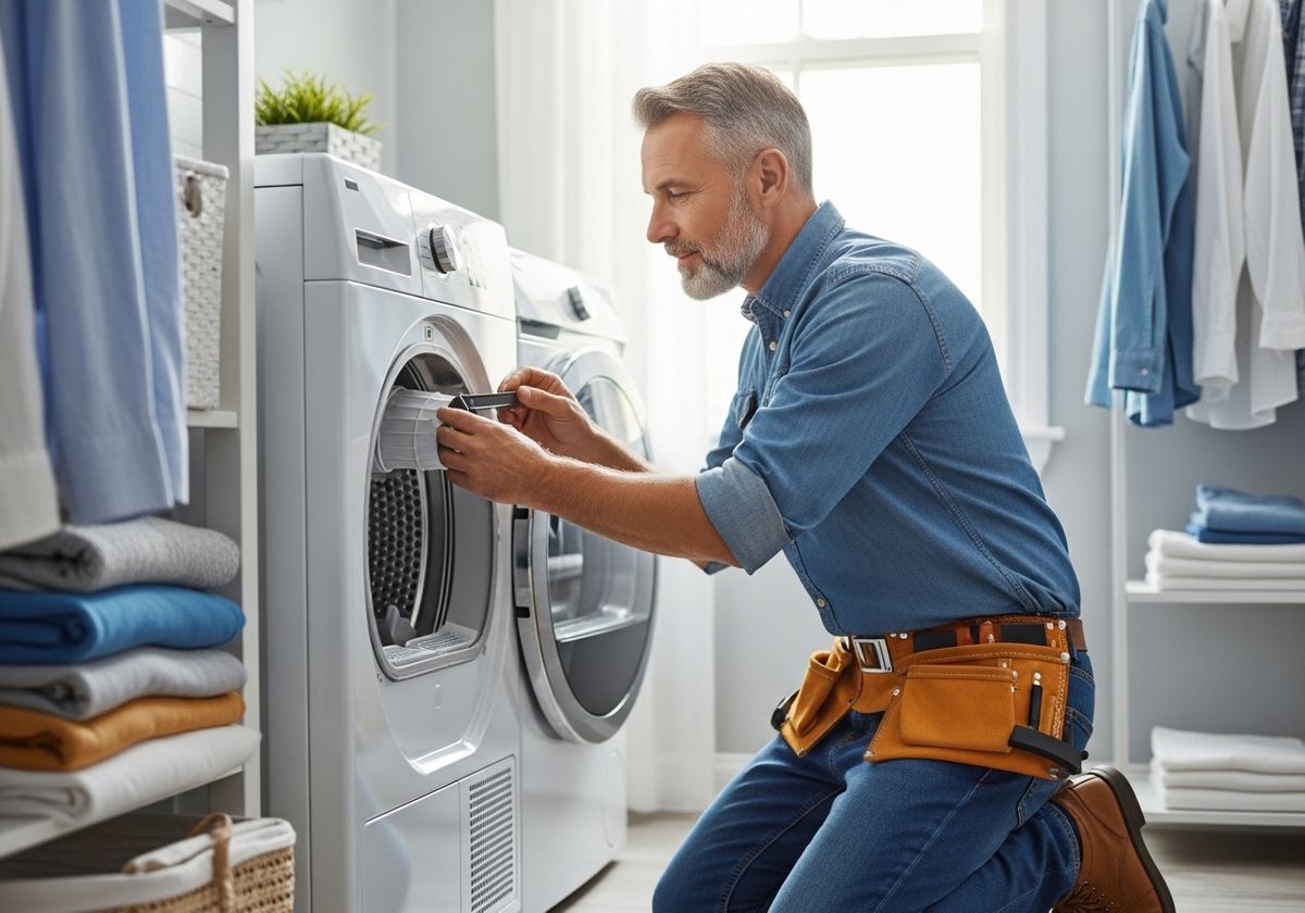Appliance Repairman Fixing a Dryer