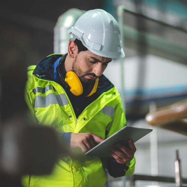 construction site safety manager reviewing work