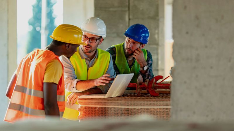 construction workers talking on work site