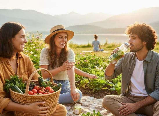 Friends enjoying a healthy outdoor gathering by a lake
