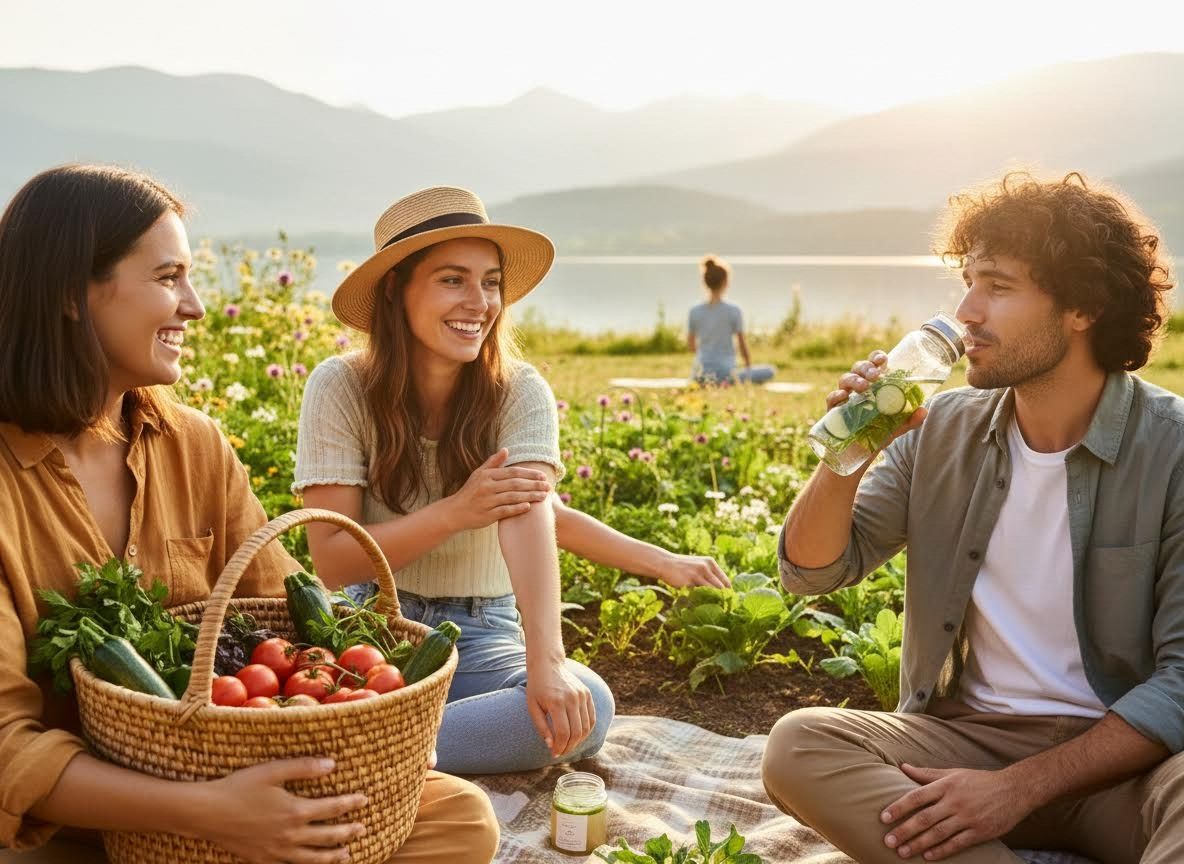 Friends enjoying a healthy outdoor gathering by a lake