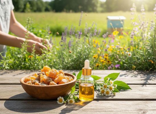 Natural Propolis Resin and Essential Oil from a Sunny Bee Garden