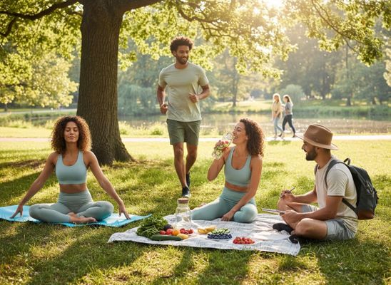 Friends exercising and picnicking in a sunny park