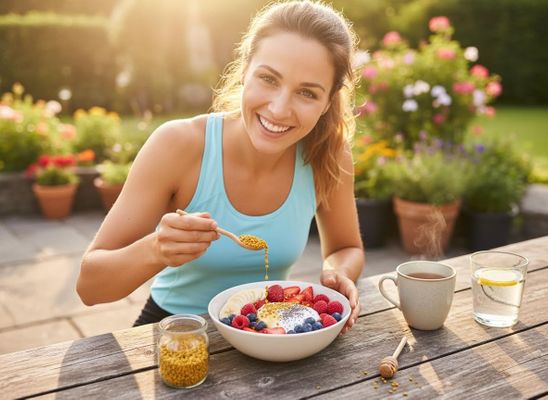 Smiling Woman with Healthy Fruit & Yogurt Breakfast Bowl Outdoors