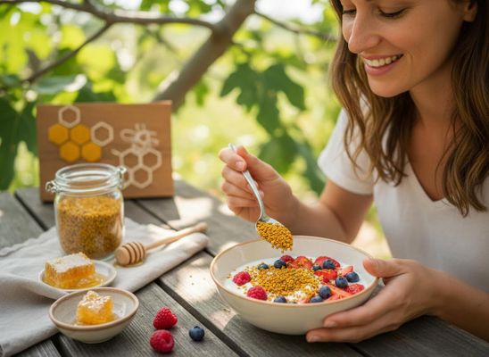 Woman Eating Yogurt with Bee Pollen and Berries