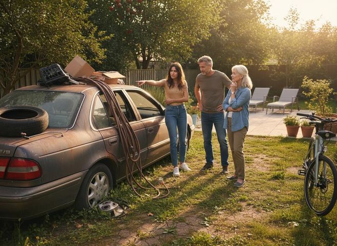 Three People Discussing a Dilapidated Car in a Yard