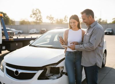 A smiling woman and man review a phone and tablet next to a white car with front-end damage. A tow truck is in the background. People Reviewing Car Accident Details