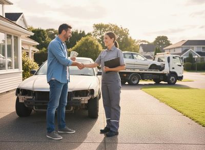 A man holding cash shakes hands with a female auto service employee in a driveway, with a damaged car and a tow truck in the background. Man selling damaged car to auto service with tow truck