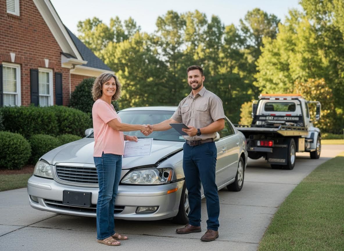 Woman shakes hands with man holding check for damaged car