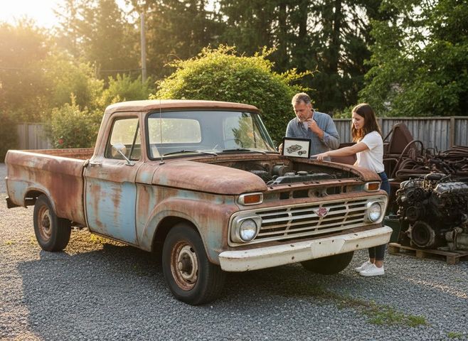 Two people, a man holding a tablet with an engine diagram and a woman pointing, examine a rusty vintage pickup truck. Man and Woman Inspecting Rusty Vintage Truck
