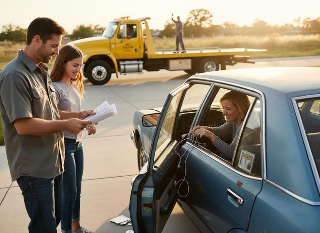 A family (man, teen, woman in car) with a tow truck. Man and teen look at papers, woman smiles in car, suggesting a car breakdown. Family getting roadside assistance